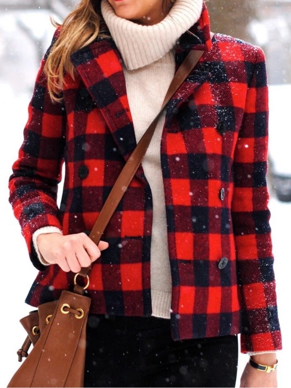 J. Crew Wool Buffalo Plaid Double-Breasted Peacoat in Red and Navy Blue